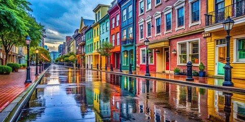 Canvas Print - Colorful buildings line a wet sidewalk on a vibrant city street, street, colorful, buildings, wet, sidewalk, urban, colorful