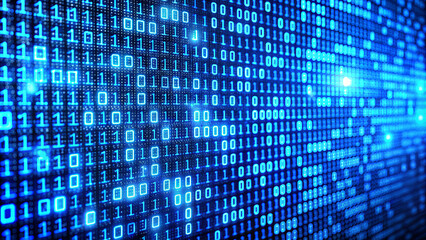 Blue digital binary code patterns glowing on a dark background