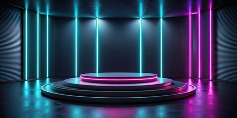 Wall Mural - Futuristic neon-lit podium in dark room for product showcase or award ceremony, futuristic, neon