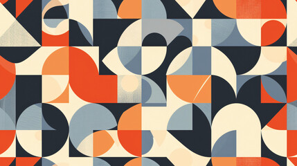 repeating seamless geometric pattern with orange and blue shapes on a cream and black backdrop