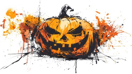 Sticker - scary pumpkin with water color splash on white background