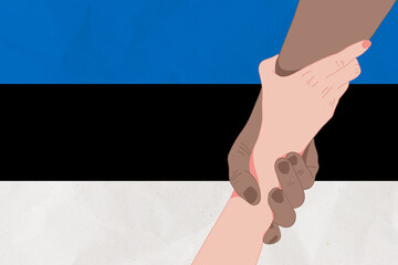 Helping hand against the Estonia flag. The concept of support. Two hands taking each other. A helping hand for those injured in the fighting, lend a hand