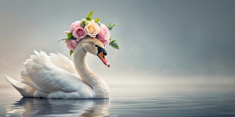 Sticker - Elegant swan wearing a beautiful flower crown, swan, elegant, bird, animal, flower crown, beautiful, nature, wildlife, pond