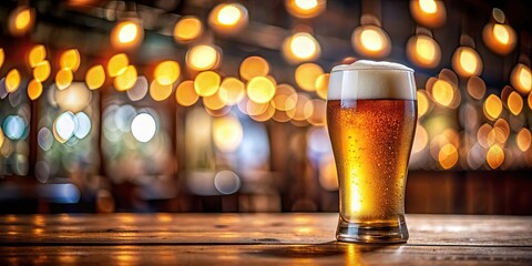 Sticker - Glass of cold beer in a pub with bokeh lights in the background, beer, cold, refreshing, pub, glass