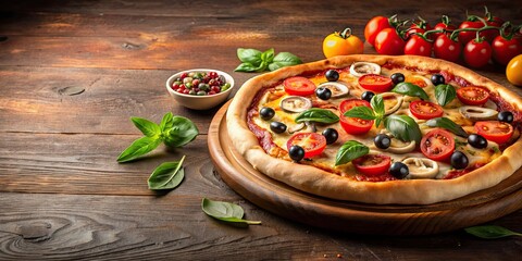 Sticker - Delicious pizza on background, pizza, tasty, cheese, crust, food, Italian, pepperoni, mozzarella,background, isolated, fresh, tomato