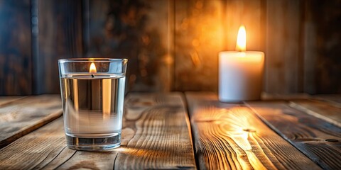 Wall Mural - Glass of water with candle on wooden table, tranquil, serene, peaceful, relaxation, interior, decor, home, atmosphere