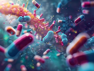 Wall Mural - abstract 3d illustration of pills and bacteria floating in a colorful, bioluminescent environment