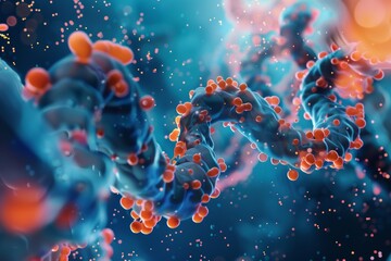 Wall Mural - abstract 3d render of a blue and orange molecular structure with a depth of field effect and a bokeh