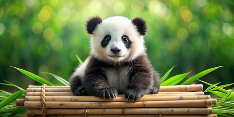 Poster - Cute baby bamboo panda bear sitting in a playful pose , wildlife, animal, bamboo, black and white, fluffy, adorable, young