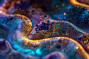 Wall Mural - abstract blue and orange fabric with glowing dots and a cluster of blue spheres