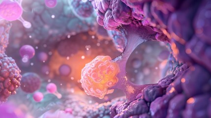 Wall Mural - abstract cellular structure with glowing nucleus and purple membranes, a 3d rendered illustration of