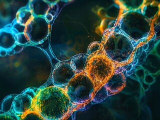Wall Mural - abstract colorful 3d network of interconnected spheres with glowing particles