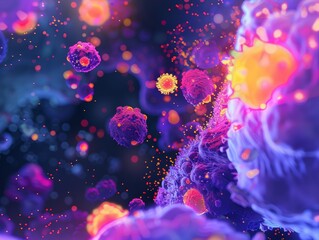 Poster - Abstract Colorful 3D Rendering of a Microbiological Structure with Fluorescently Labeled Cells and Particles, Suitable for Medical and Scientific Illustrations.