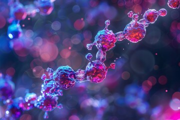 Wall Mural - abstract colorful molecular structure, 3d rendering of bioluminescent cells or virus with bokeh back