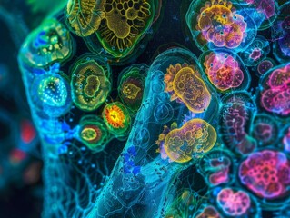 Wall Mural - abstract colorful organic shapes in a microscopic view of an intricate network
