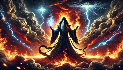 High-quality illustration of a powerful wizard in dark robes in a stormy background