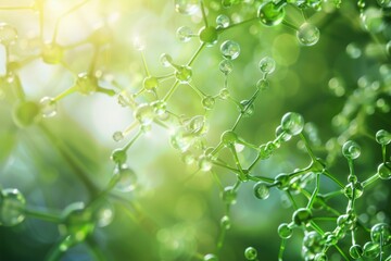 abstract green molecular structure with blurred natural background, representing growth, science, an