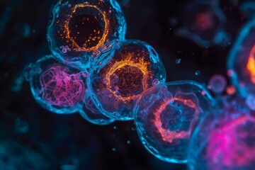 Wall Mural - abstract macro photography of glowing bubbles, illuminated with a vibrant palette of colors in a dar