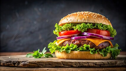 Wall Mural - Delicious fast food hamburger with cheese, meat, tomato, onion, salad, and fresh bread , fast food, hamburger, cheese, meat, tomato