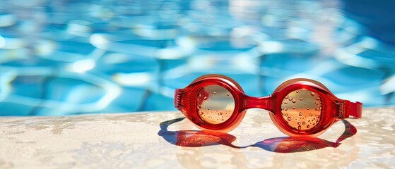 Red swim goggles resting by the edge of a clear blue swimming pool, capturing a sunny day and inviting water, ideal for aquatic activities.