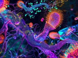 Poster - Abstract Microscopic Visualization of Biological Structures with Vibrant Colors and Detailed 3D Rendering