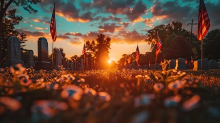 Wall Mural - Honoring American Heroes: Flags on Veteran Graves at National Cemetery on Memorial Day, Sunset Shot - AI Generated