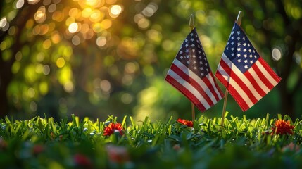 Wall Mural - Memorial Day Tribute: Defocused American Flags in Grass Create Abstract Patriotic Background