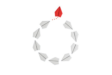 Aufkleber - Paper airplanes circling, one red leading white ones, simple illustration, isolated on white, concept of leadership. 3D Rendering
