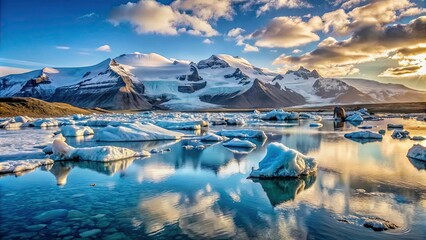 Poster - Frozen wonderland of Icelandic Glacier Lagoon with crystal clear ice and snow-capped mountains in the background, iceland