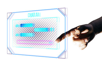 Poster - A hand interacting with a holographic AI chat interface with chat bubbles on a white background, symbolizing futuristic communication