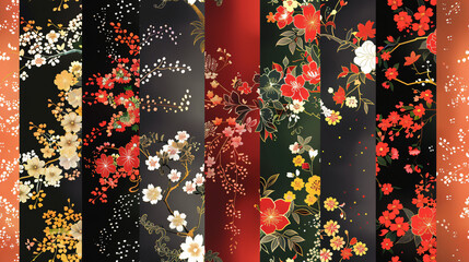 Poster - Set of eight japanese floral seamless patterns featuring cherry blossom branches, for textile, wrapping paper, wallpaper