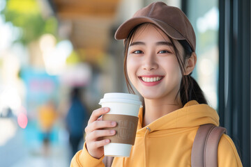 Wall Mural - Portrait of beautiful young woman drinking coffee in cafe on weekend. Relaxation, lifestyle concept