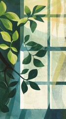 Wall Mural - A window with sunlit panes framed by green leaves