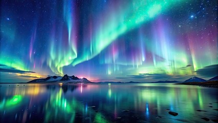 Wall Mural - enchanting view of the aurora borealis dancing in the night sky over a shimmering sea of stars, auro