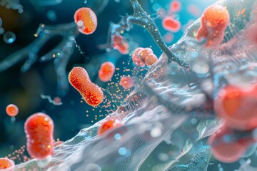 Wall Mural - microscopic view of bacteria cells in a complex web of filaments and particles