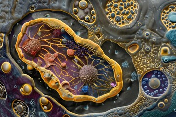 Wall Mural - Microscopic View of Cellular Structures with Vibrant Colors and Intricate Details