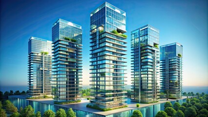 Canvas Print - Futuristic isometric residential towers with glass facades, futuristic, isometric, residential, towers, glass, facades