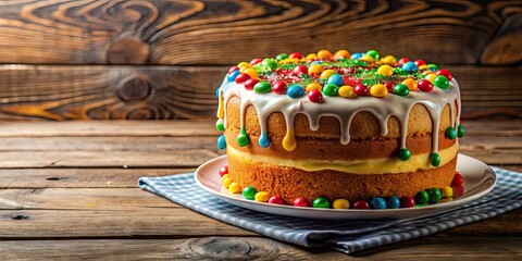 Canvas Print - Delicious homemade cake with colorful icing on a rustic wooden table , celebration, dessert, sweet, baked, pastry