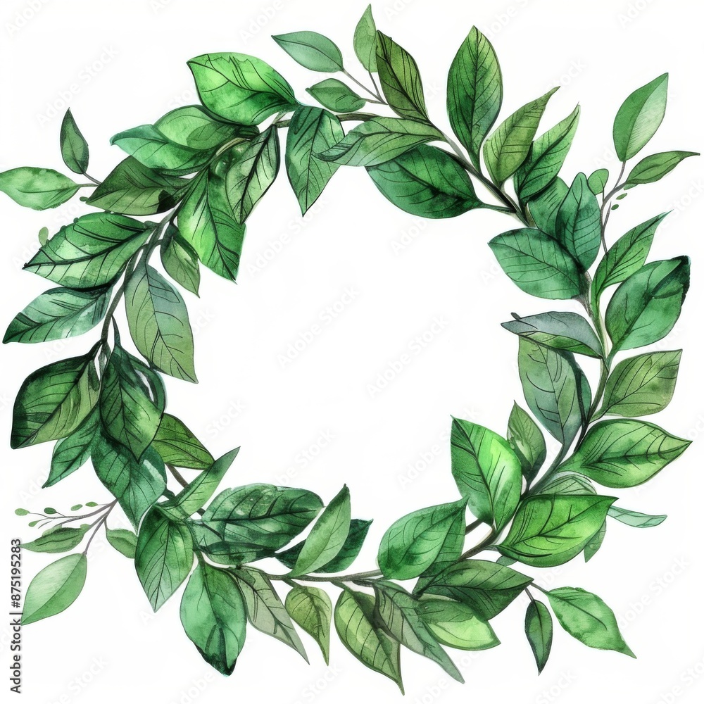 Watercolor wreath of green leaves on a white background. For design of ...