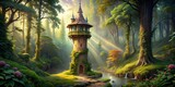 Enchanted Rapunzel tower hidden deep in the forest , fantasy, fairytale, princess, castle, tower, magical, woods, forest