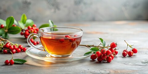 Poster - Cup of tea with a sprig of red berries on a simple background, tea, drink, beverage, red berries, fruit, refreshment, hot drink