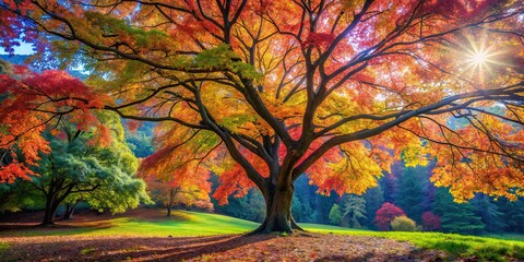 Canvas Print - Colorful tree with vibrant leaves in a lush forest setting, nature, outdoors, foliage, branches, autumn, vibrant, colorful