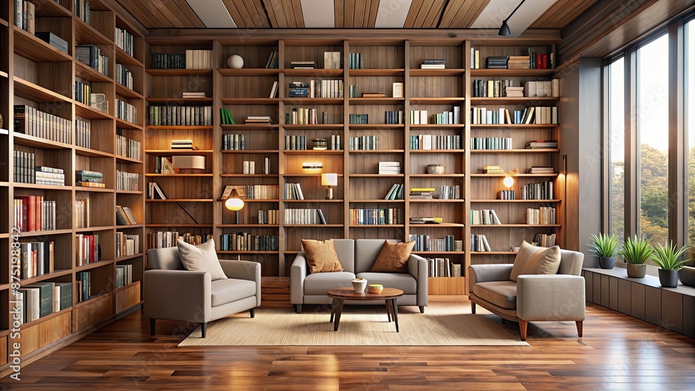 Cozy modern library room with shelves filled with books, library, study ...