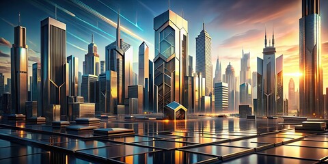 Sticker - Futuristic cityscape with geometric patterns and metallic textures, futuristic, cityscape, geometric, patterns