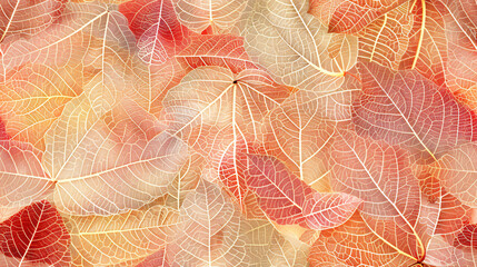 Leinwandbilder - Delicate pattern of intricate red and yellow autumn leaves skeletons on a background
