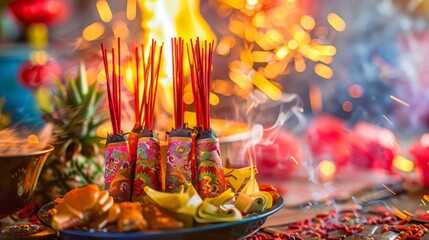 Chinese hungry ghost festival burning flame fire colourful variety prayer paper joss money fake currency joss stick mini fag food fruit 04072024ghoshftv