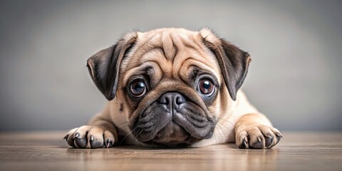 Canvas Print - Cute pug puppy lying down with wide eyes and an adorable expression, adorable, puppy, pug, pure love, affectionate, furry, small, sweet