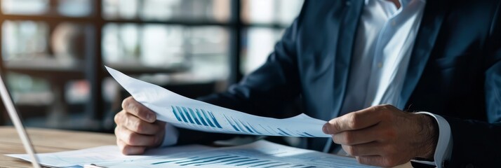 Poster - Focused Businessman Closely Reading and Analyzing Detailed Financial Report on Desk,with Ample White Space for Adding Copy or Text - Focused Businessman Closely Reading and Analyzing Detailed Financia