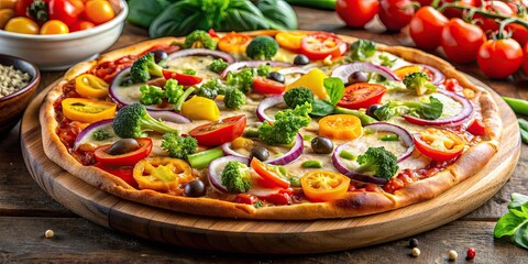 Canvas Print - Delicious vegetable pizza with colorful toppings and melting cheese, vegetarian, cooking, food, Italian, cuisine, flat lay