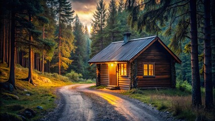 Poster - Cozy cabin glowing with light on a dark rural road, cabin, cozy, glowing, light, dark, rural, road, countryside, tranquil